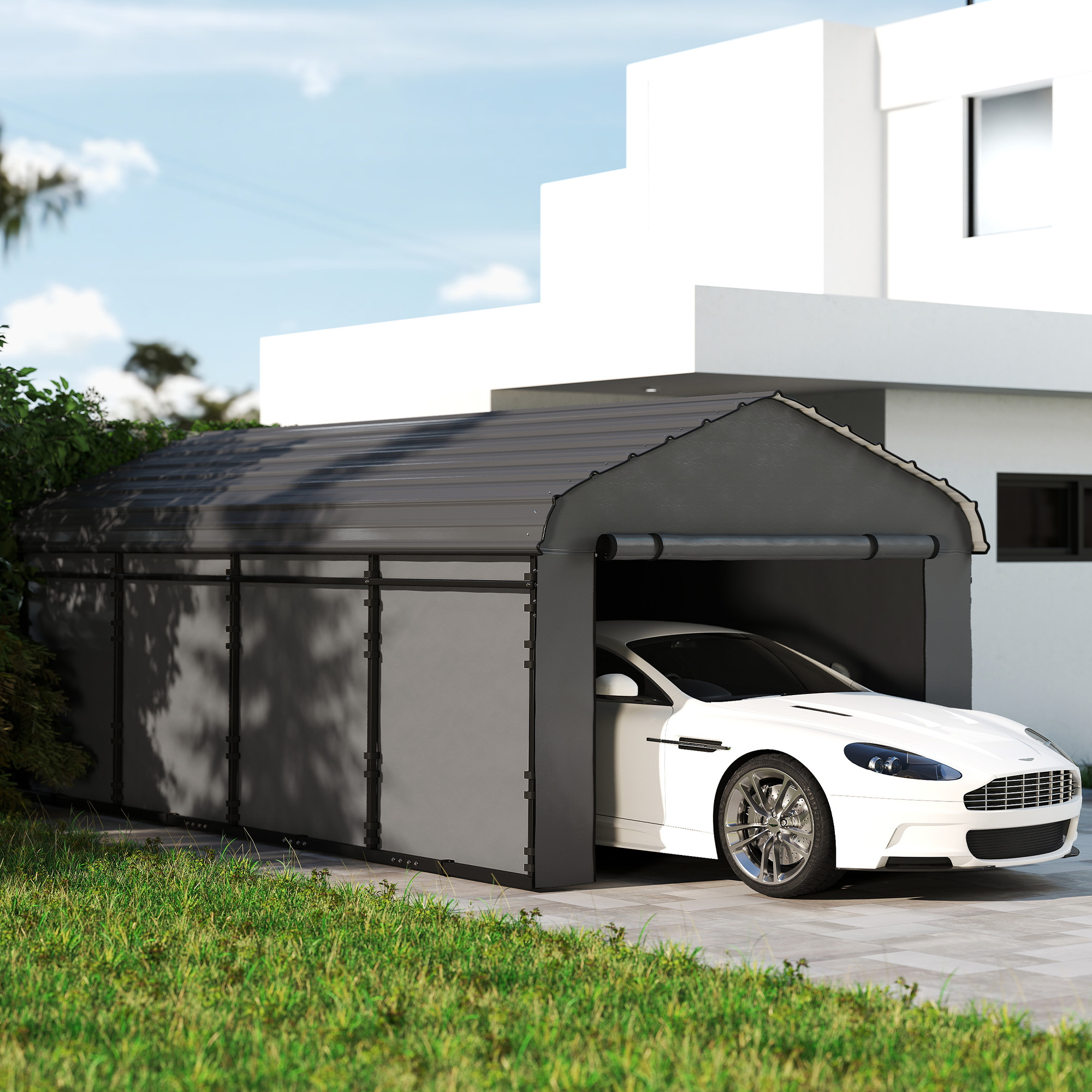 12′ x 20′ Metal Carport, Heavy Duty Garage Car Canopy with Galvanized Metal Roof and Removable Sidewalls, Dark Gray