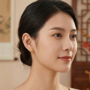 925 Sterling Silver Prosperity Money Bag Studs with Red Fu Character Blessing