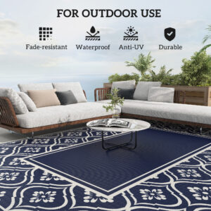 Reversible Outdoor Rug, Waterproof Plastic Straw with Carry Bag, 9' x 12', Blue & White Gourd Border