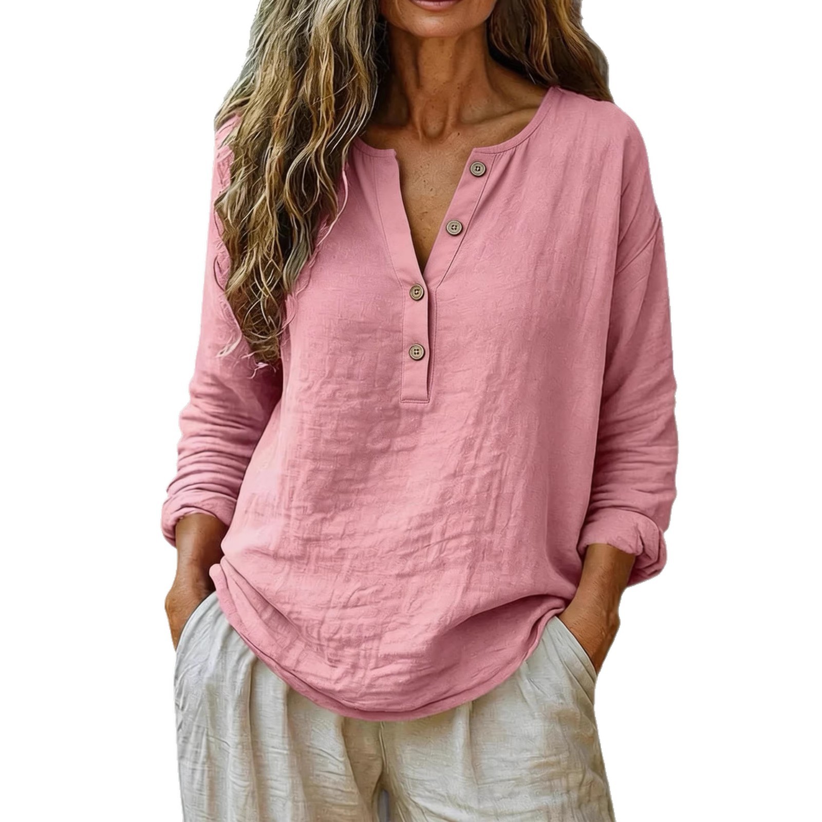 Casual Solid Color Cotton-Linen Long-Sleeve Half-Placket V-Neck - Image 2