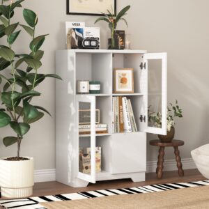 MDF Painted Cabinet With Glass Doors And Drawer, Open Storage Space, White ,Bedroom, Living Room