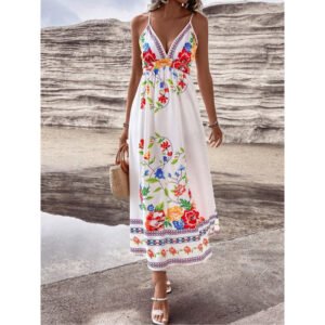 European And American Floral Print V-Neck Slip Dress