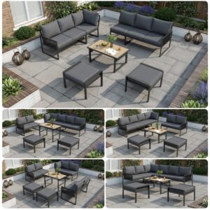 7-8 Seater Outdoor Garden Set With Height Adjustable Coffee Table And Compact Seater Stools, Corner Sofa With Polyester Rope, Weatherproof Outdoor Patio Dining Lounge Set For Balcony And Terrace, Grey