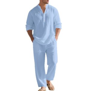 Mens Loose-Fit Casual Breathable V-Neck Henley Shirt And Long Pants Set