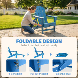 Folding Adirondack Chair Set of 2, HDPE Fire Pit Chair with Retractable Ottoman and Cup Holder, Blue