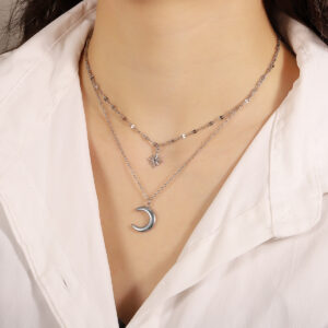 Stainless Steel Octagram Star & Moon Pendant Double Layer Necklace For Women, Light Luxury Niche Design, Stackable Clavicle Chain Jewelry