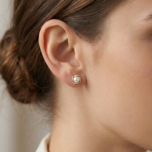 925 Sterling Silver Elegant Round Pearl and Diamond Accent Square Frame Stud Earrings