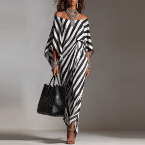 Womens Fashionable Loose Striped Off-Shoulder Dress