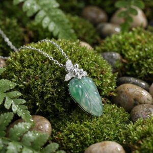 925 Sterling Silver Elegant Green Jade Leaf Pendant Necklace with Diamond Accents