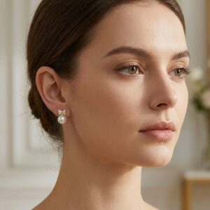 925 Sterling Silver Elegant Bow-Design Pearl Drop Earrings with Shimmering Stone Accents
