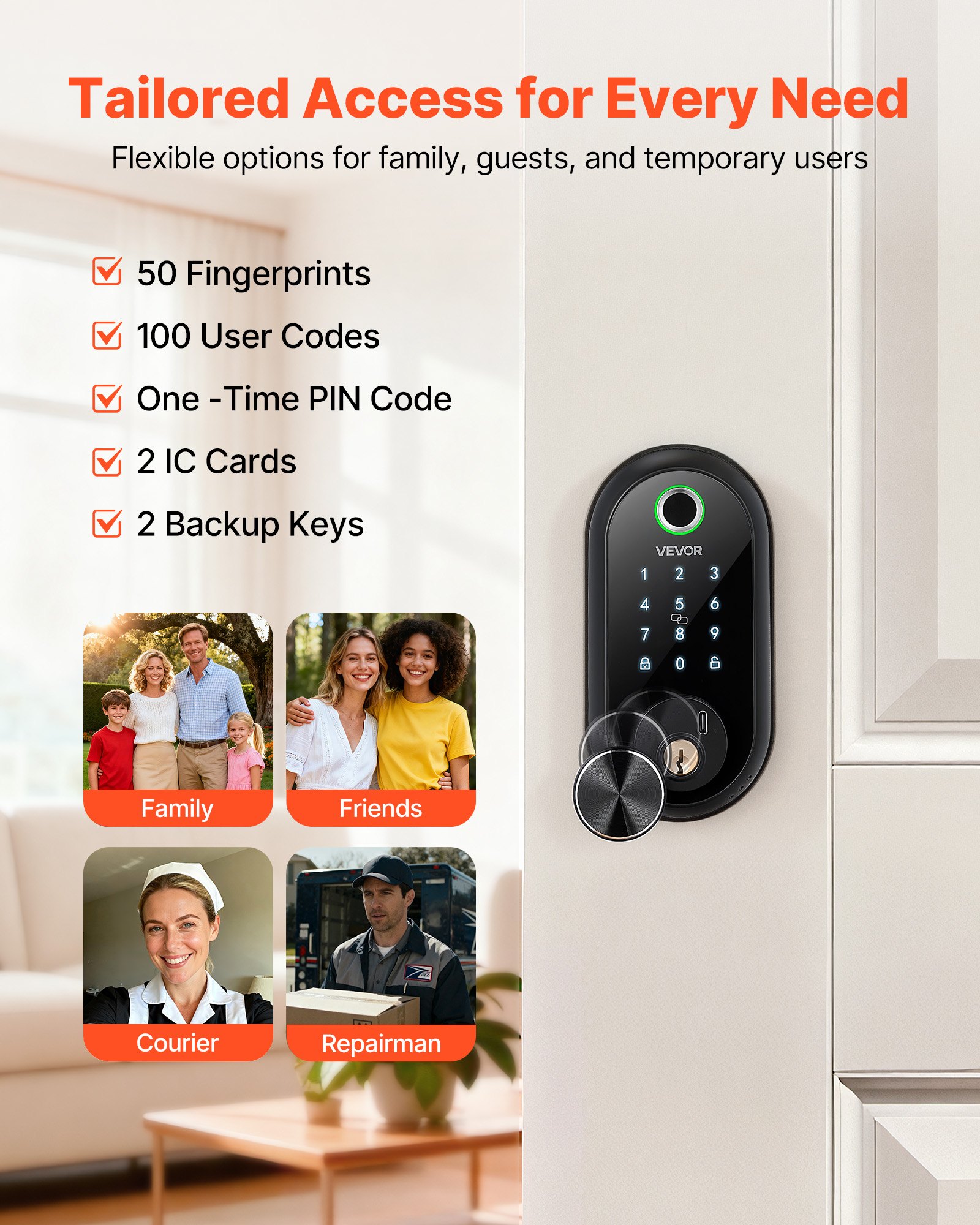 Fingerprint Door Lock, Electronic Biometric Deadbolt With Touchscreen, Auto Locking, One-Time Code, Anti-Peeking Password, Keyless Entry Door Lock With IC Cards, For Home, Apartment, Matte Black