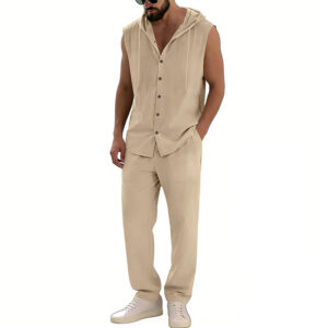 Loose-fitting Casual Hooded Sleeveless Shirt And Pants Set