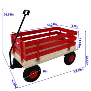 Red Wooden Wagon Cart With Folding Handle, Heavy Duty All-Terrain Kids Wagon For Outdoor, Garden, Camping, And Beach – Classic Pull-Along Utility Wagon