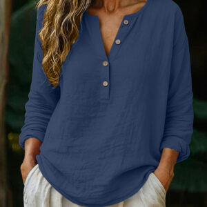 Casual Solid Color Cotton-Linen Long-Sleeve Half-Placket V-Neck