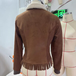 Suede-velvet Tassel Hem Long-sleeve Fur-collar Slim-fit Womens Top