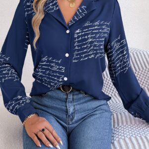 Women's Casual Versatile Letter Print Notched Lapel Long Sleeve Shirt