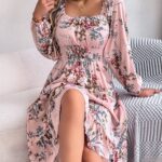 Women's Elegant Floral Print Square Neck Long Sleeve Tie Waist Ruffle A-Line Dress