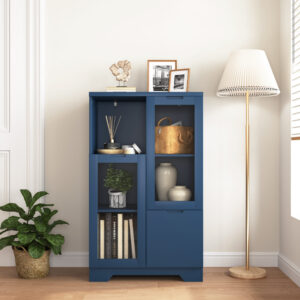 MDF Painted Cabinet With Glass Doors And Drawer, Open Storage Space, Navy Blue ,Bedroom, Living Room