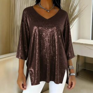 Womens Solid-Colored Loose V-Neck Cropped-Sleeve Split Top