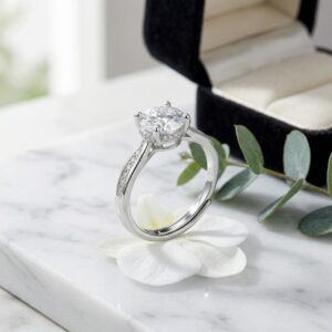 925 Sterling Silver Elegant Round Brilliant Diamond Engagement Ring with Hidden Halo and Pavé Band