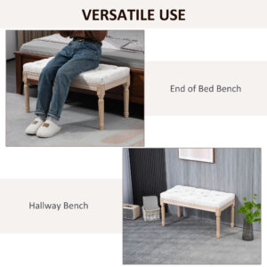 32" Linen Upholstered Bedroom Bench, French End of Bed Bench with Thick Padded Cushion and Wooden Legs, Cream White