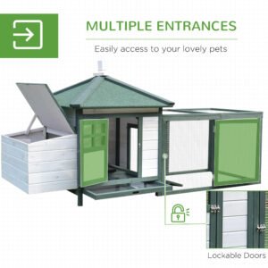 PawHut 77 Wooden Chicken Coop With Nesting Box, Cute Outdoor Hen House With Removable Tray, Ramp Run, For Garden Backyard, Green