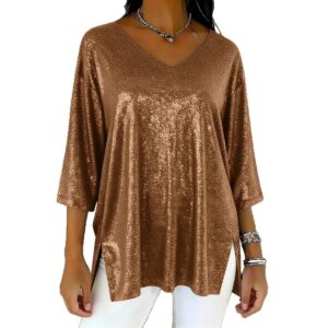 Womens Solid-Colored Loose V-Neck Cropped-Sleeve Split Top