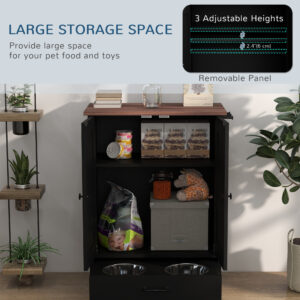 Pet Feeding Station, Dog Food Storage Cabinet w/ Raised Dog Bowls, Adjustable Panel, Hooks for Medium Dogs, Black