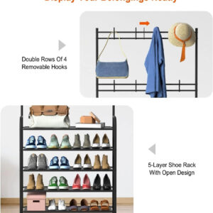 New Coat And Hat Stand 8 Hooks Metal Shoe Rack 5 Tiers Shelf Hanger Black