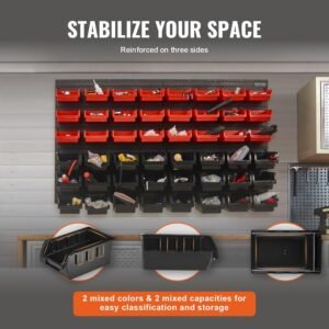 Tacking Boxes, 48 Container Divider Shelf Organizer For Garage, Plastic Loading Tool With Wall Panels, Tool Organizer For Nuts, Bolts, Screws, Nails, Beads, Buttons, Black And Red