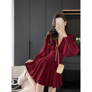 Womens French-style Cinched Waist Chiffon Solid Color Long-Sleeve Dress