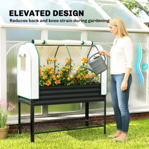 Galvanised Raised Garden Bed with Greenhouse Cover, Metal Elevated Garden Bed with Bed Liner, Bottom Shelf, Black