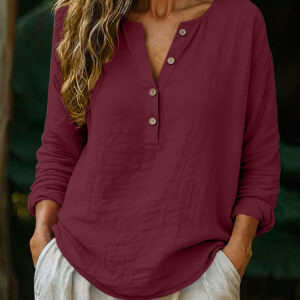 Casual Solid Color Cotton-Linen Long-Sleeve Half-Placket V-Neck