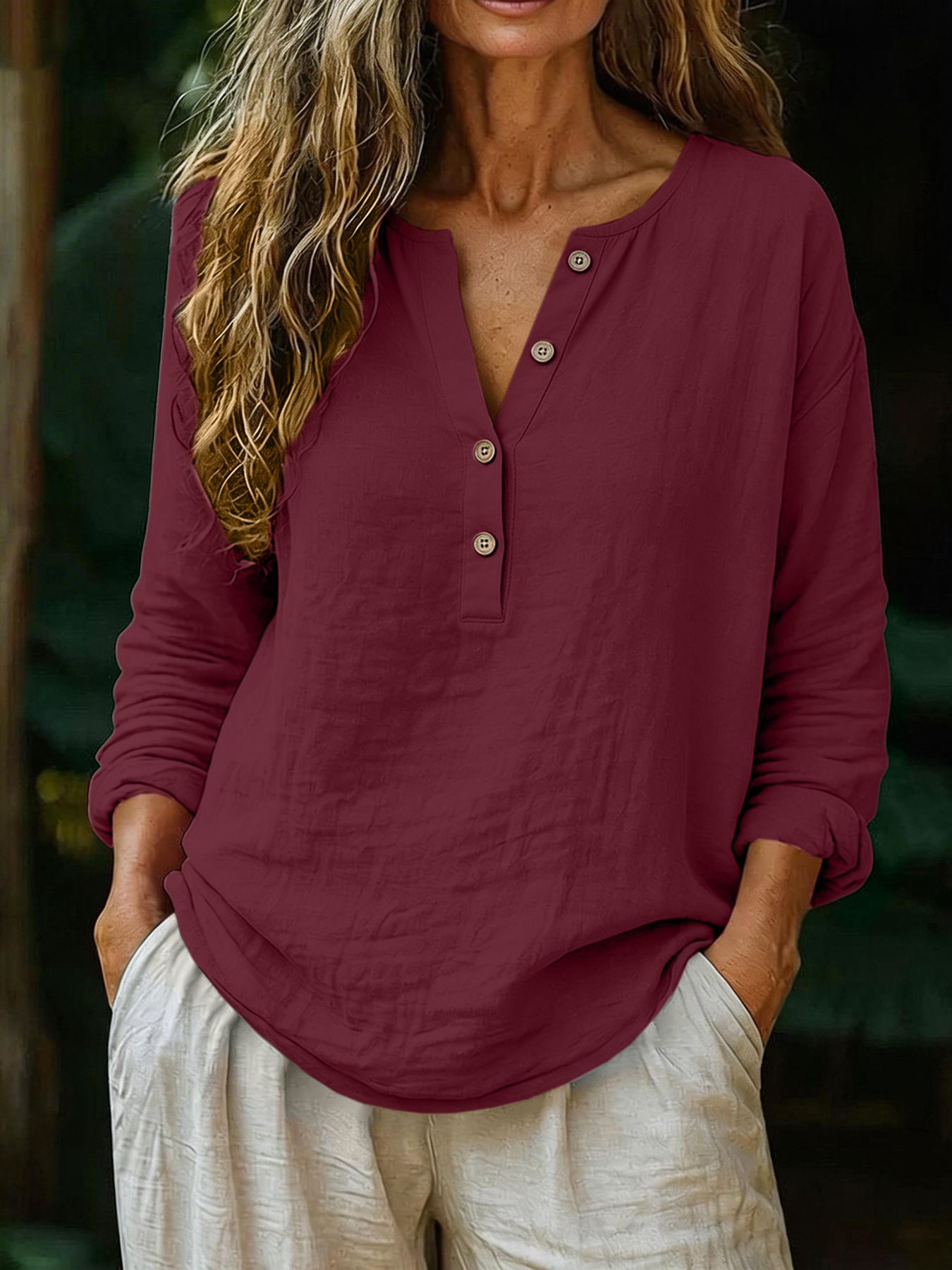 Casual Solid Color Cotton-Linen Long-Sleeve Half-Placket V-Neck - Image 14