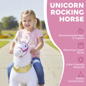 Ride on Unicorn Toy for Kids 3-5 Years, 29.5 Inch Plush Baby Rocking Horse with Wheels, No Battery Required, White