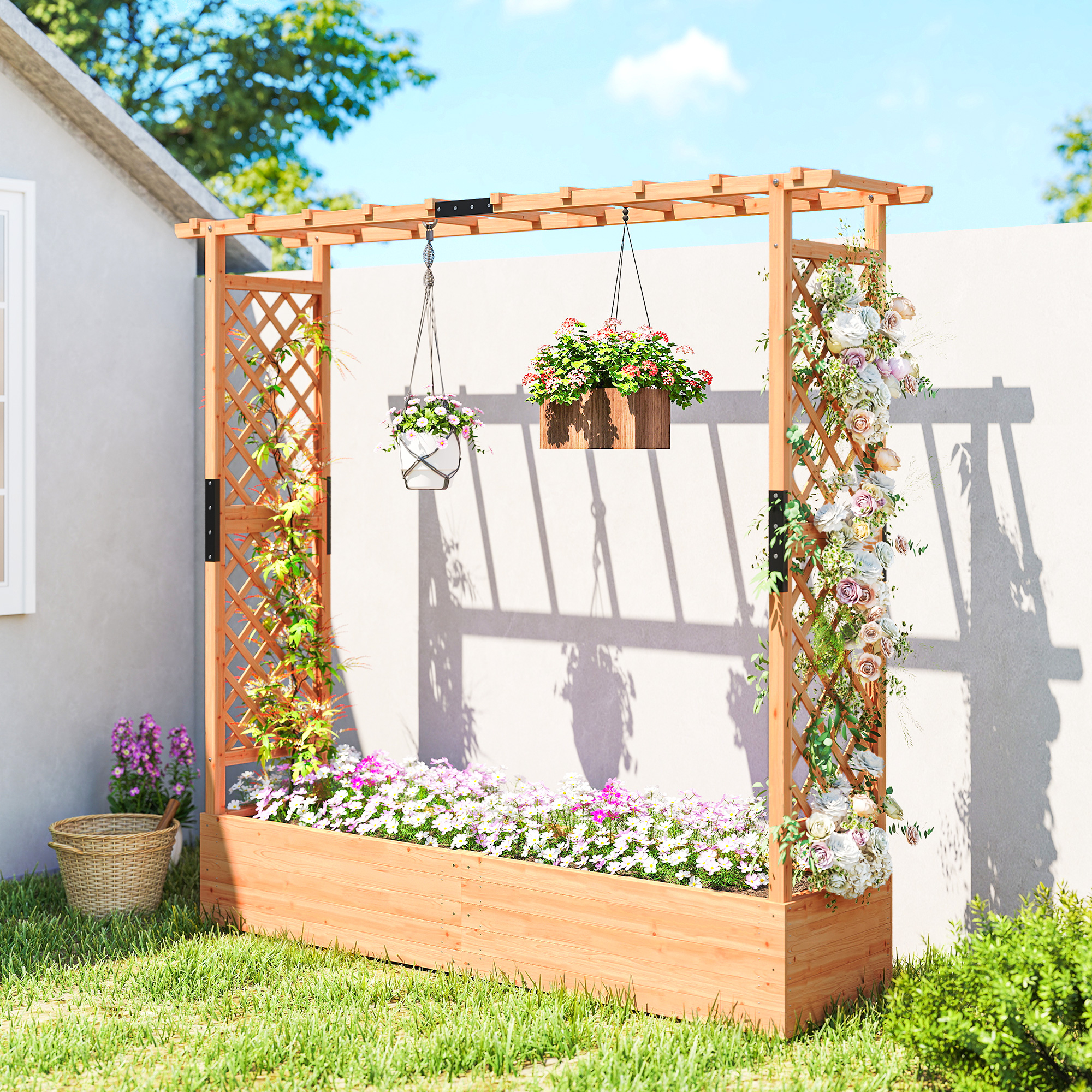 Wooden Planter Box with Trellis, Hanging Roof and Drainage Holes for Climbing Plants, Vegetables, Herbs and Flowers