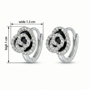 925 Sterling Silver Elegant Sterling Silver Rose Flower Huggie Hoop Earrings with Black and White Accents