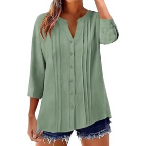 Pleated Casual Solid-Color Loose Cotton-Linen Shirt
