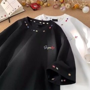 Retro High-Street Embroidered Loose-Fit Half-Sleeve Top