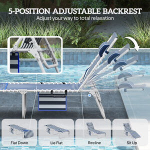 Tanning Chair with Face Hole and Side Table, 5-Position Folding Outdoor Chaise Lounge Chair, Blue and White