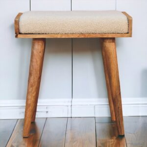 Solid Wood Boucle Cream Tray Style Footstool, Upholstered, Nordic Legs, Beige And Brown