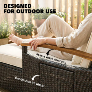 Rattan Outdoor Daybed w/4-Level Adjustable Backrest, Patio Sofa Bed w/Storage Ottoman, Acacia Wood Armrest, Beige