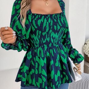 Women's Casual Ruffle Trim Square Neck Leopard Print Long Sleeve Chiffon Top