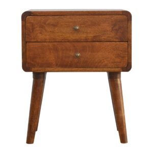 Solid Wood Curved Chestnut Bedside, 2 Drawers, Dark Brown