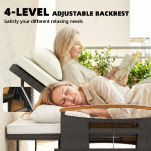 Rattan Outdoor Daybed w/4-Level Adjustable Backrest, Patio Sofa Bed w/Storage Ottoman, Acacia Wood Armrest, Beige