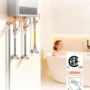 Water Heater Kit, 3/4 Inch Cold & Hot Water Plumbing Repair Kit With 600 WOG Isolation Valves, Pressure Relief Valve, Dual-Layer Gas Hose, Compatible With Most Tankless Waters Heater Brands