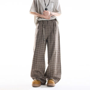 Brown Plaid Casual Wide-Leg Pants Womens