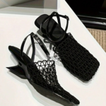 First Encounter Season Niche Design Wedge Heel Fishnet Hollow Women's Sandals, Retro Square Toe Woven Backless One-Strap Sandals