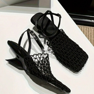 First Encounter Season Niche Design Wedge Heel Fishnet Hollow Women’s Sandals, Retro Square Toe Woven Backless One-Strap Sandals