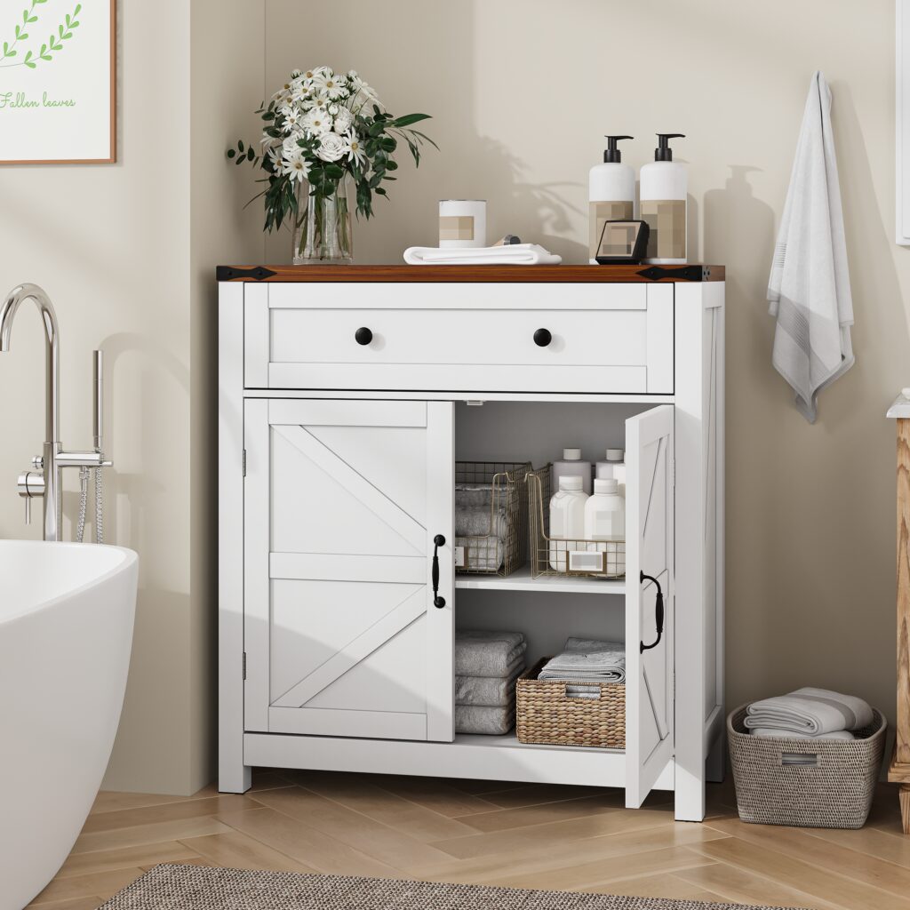 Farmhouse Storage Cabinet With Drawer And Adjustable Shelf, White Kitchen Cabinet With Walnut Countertop, Modern Coffee Bar Console Cabinet For Kitchen, Dining Room, Bathroom, Entryway